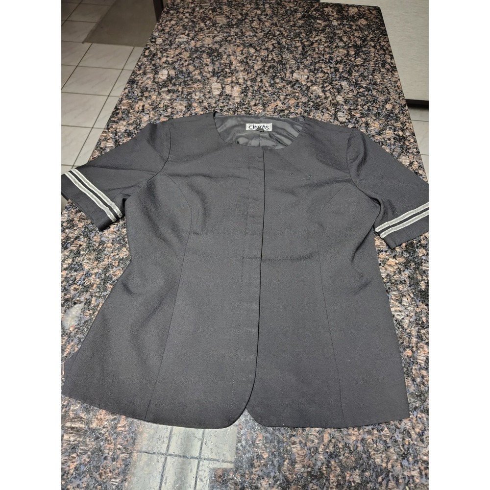 Cintas Womens Black Short Sleeve Uniform Jacket Silver Stripe Trim Size 12